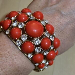 VINTAGE 70'S FAUX CORAL AND RHINESTONE CUFF BRACELET